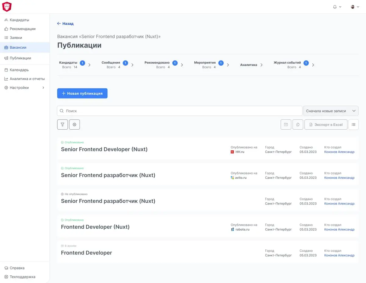 Список публикаций вакансии